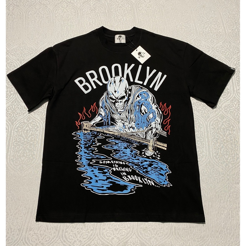 Warren Lotas Brooklyn Skull Graphic T Shirt Black Cotton Made in USA Mens Medium